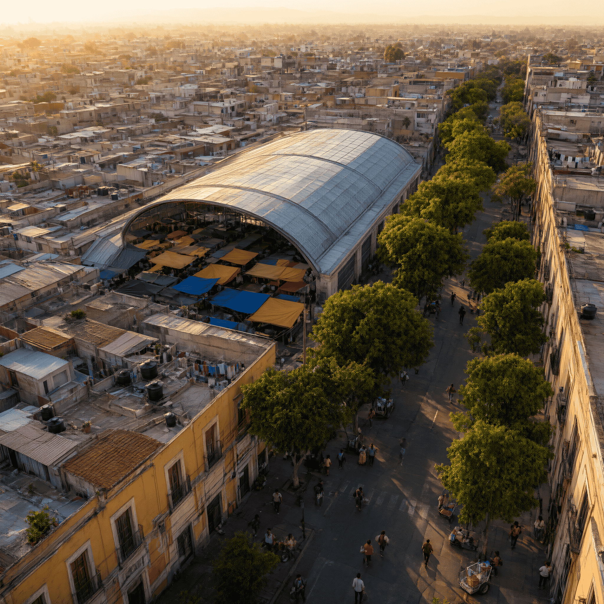 Vista aérea de colonias, calles y un mercado público de la alcaldía Venustiano Carranza al amanecer