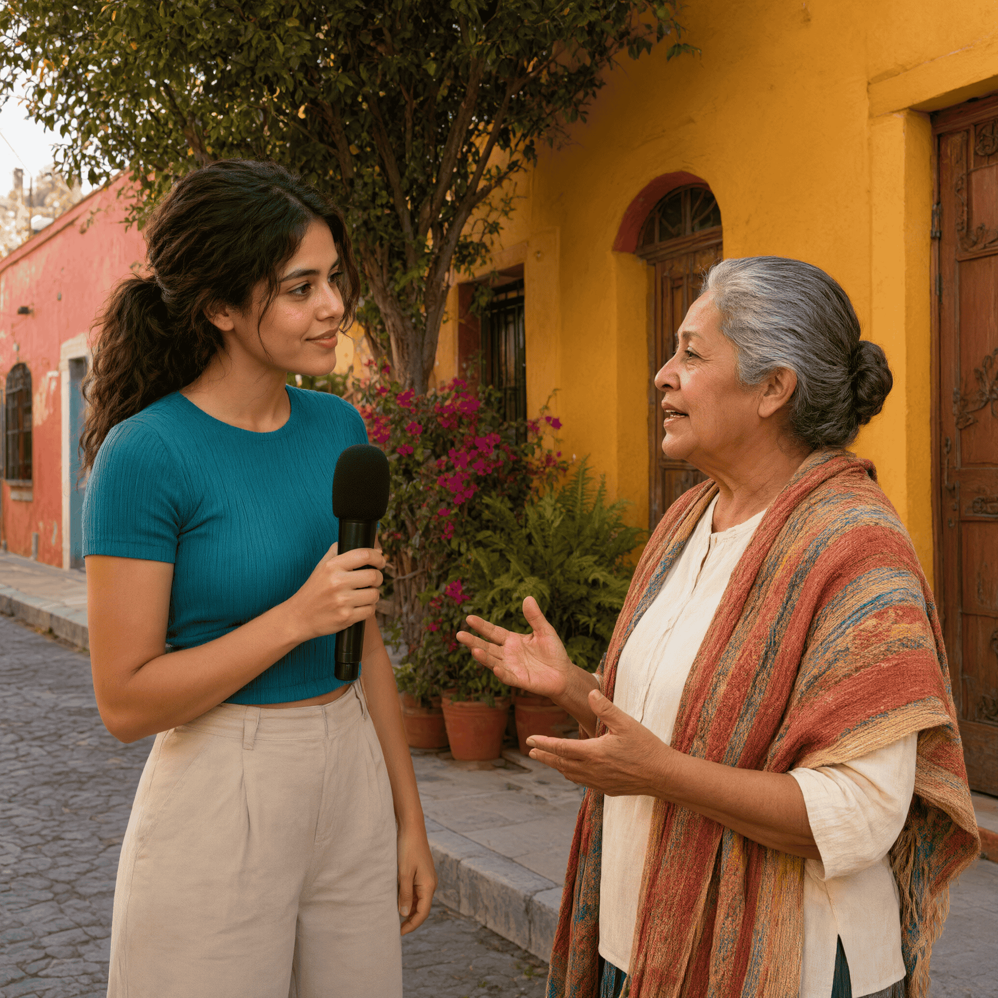 Reportera entrevistando a una vecina en una calle de Venustiano Carranza