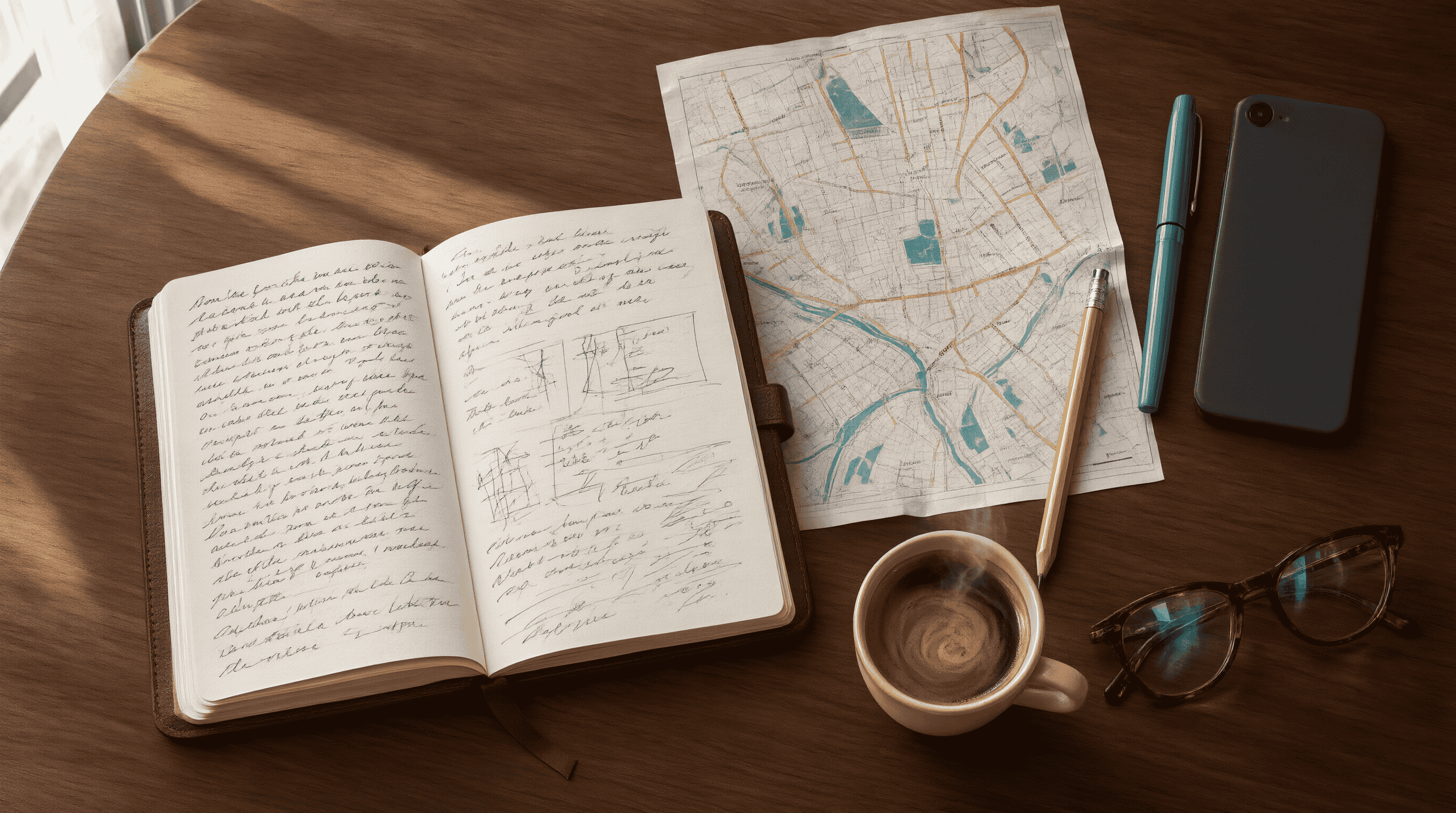 Libreta de reportero con notas, plano de la alcaldía y lápiz sobre una mesa de redacción
