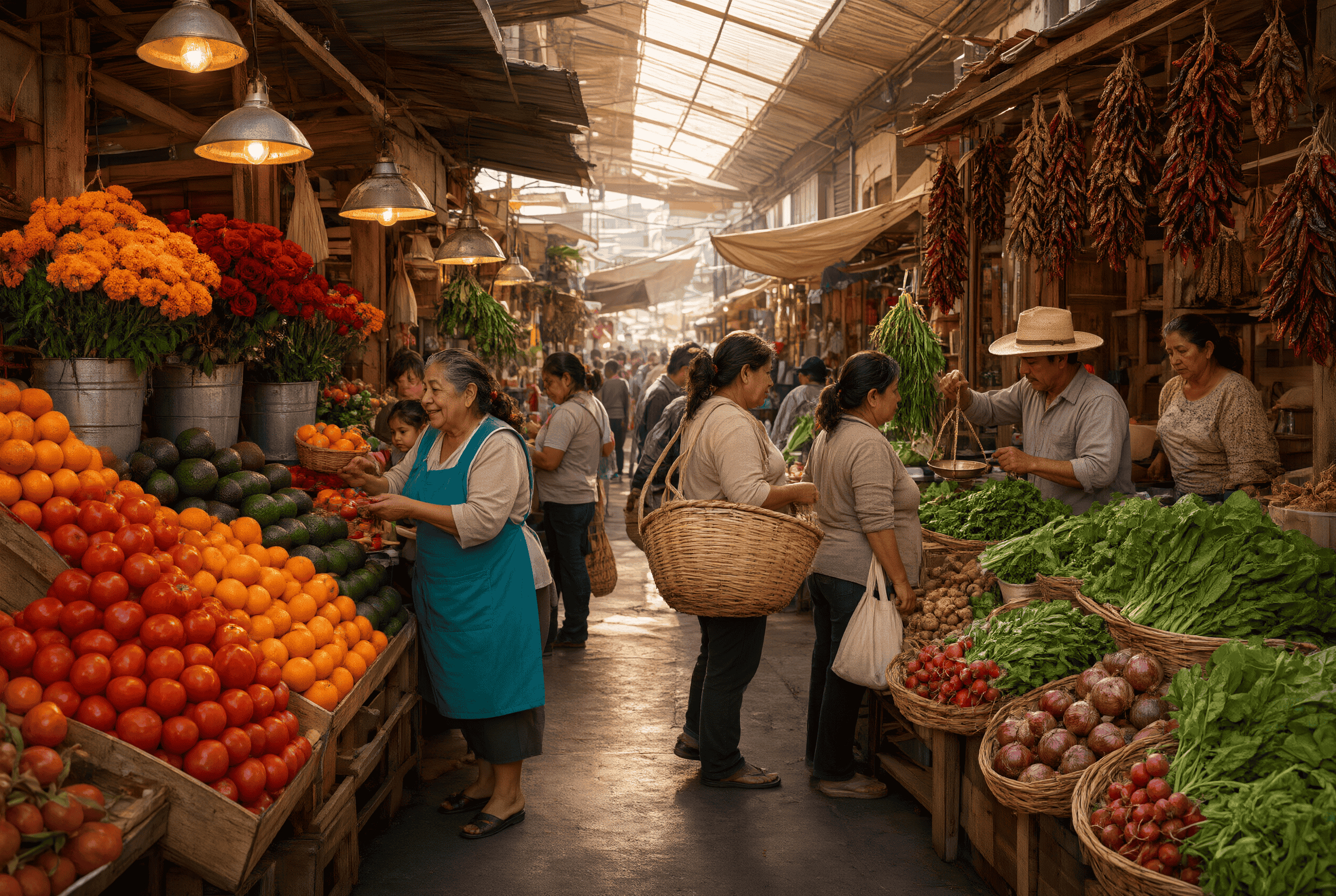 Pasillo de un mercado público tradicional de la Ciudad de México con locatarios y compradores