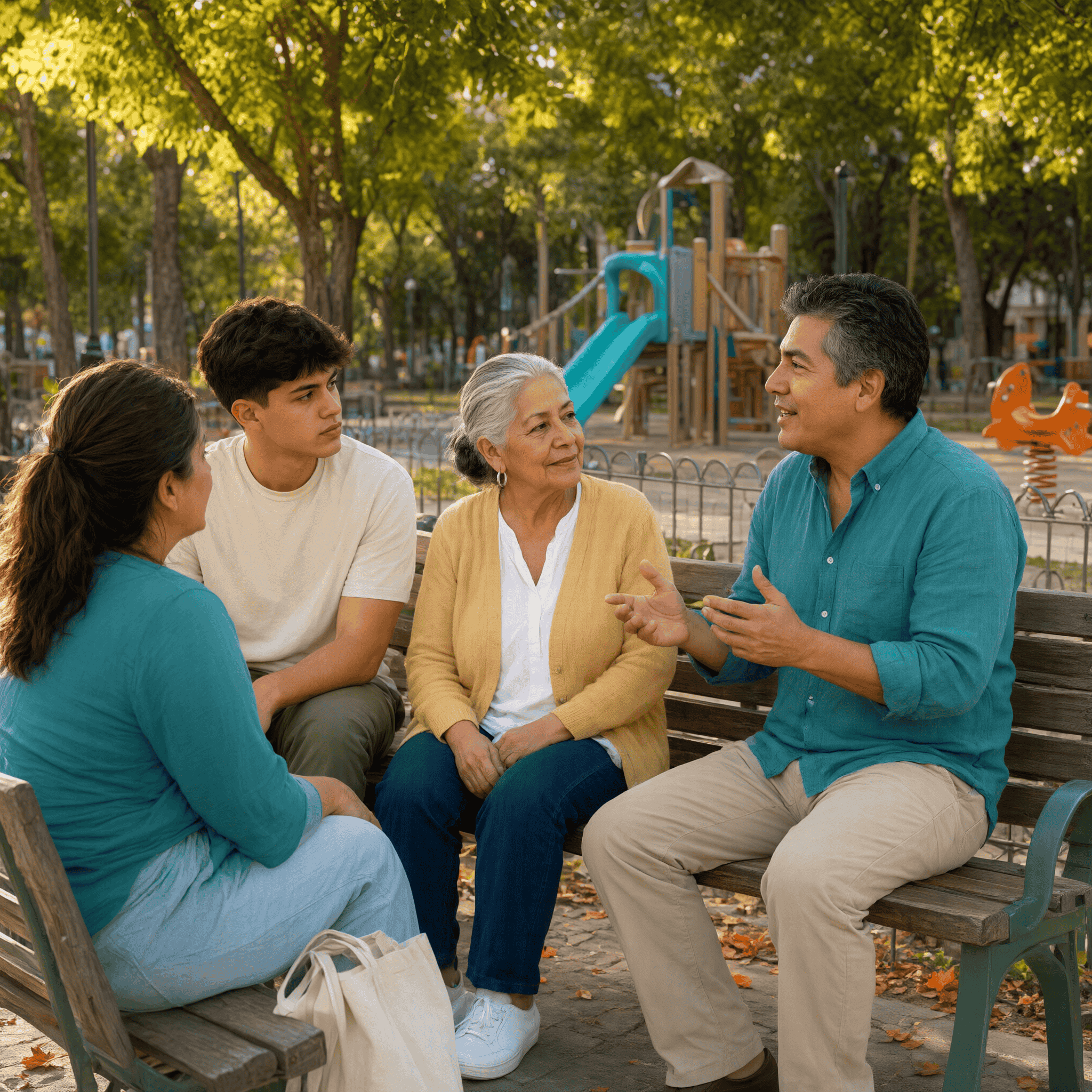Vecinas y vecinos conversando en una reunión comunitaria en un parque de la alcaldía